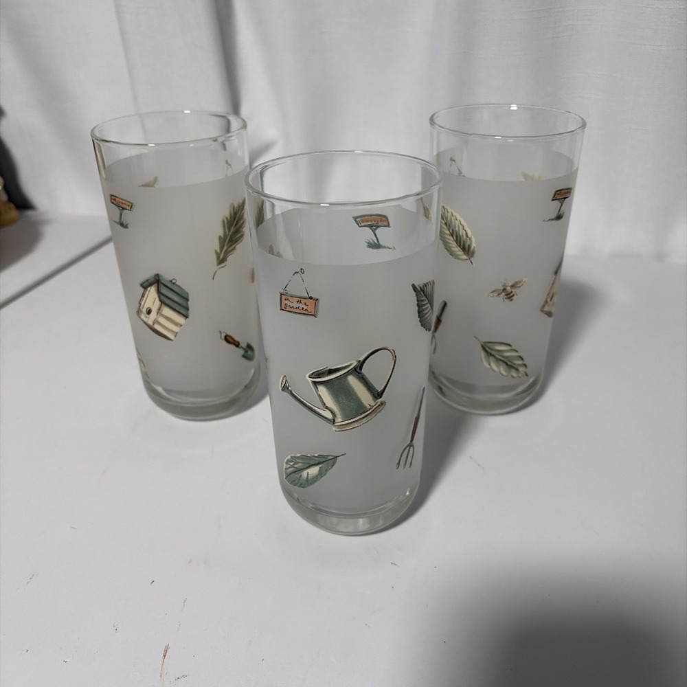 Set of 3 Pfaltzgraff Naturewood Frosted Highball Glasses 16oz Garden Theme